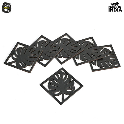 Coaster Set of 6 Leaf Cutwork Design | Wooden Coasters to Serve Tea Cups, Coffee Mugs and Glasses
