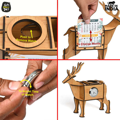 Deer Showpiece | Desk Organizer With Clock & Calendar 2024 | Home & Office Decor