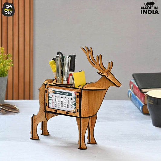 Deer Showpiece | Desk Organizer With Clock & Calendar 2024 | Home & Office Decor