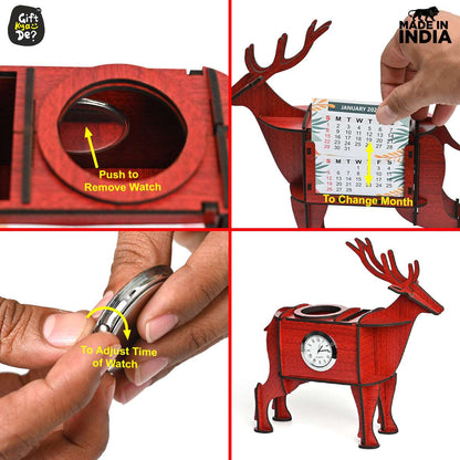 Deer Showpiece | Desk Organizer With Clock & Calendar 2024 | Home & Office Decor
