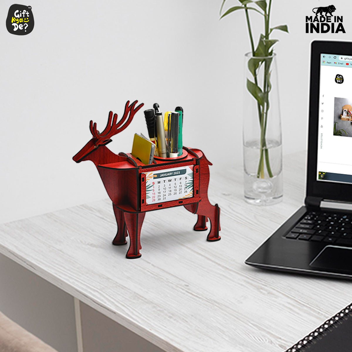 Deer Showpiece | Desk Organizer With Clock & Calendar 2024 | Home & Office Decor