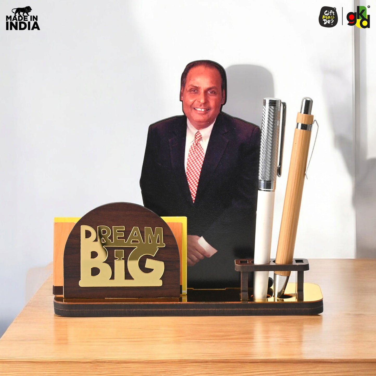 Wooden Ratan Tata and Dhirubhai Ambani Table Top with Pen Holder and Visiting Card Holder | Desk Organizer for Office and Home