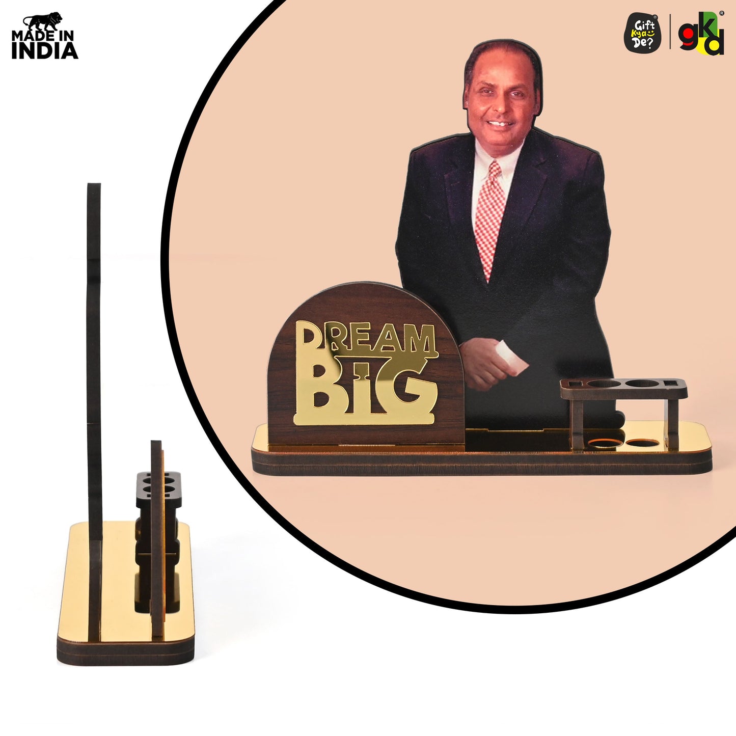 Wooden Ratan Tata and Dhirubhai Ambani Table Top with Pen Holder and Visiting Card Holder | Desk Organizer for Office and Home