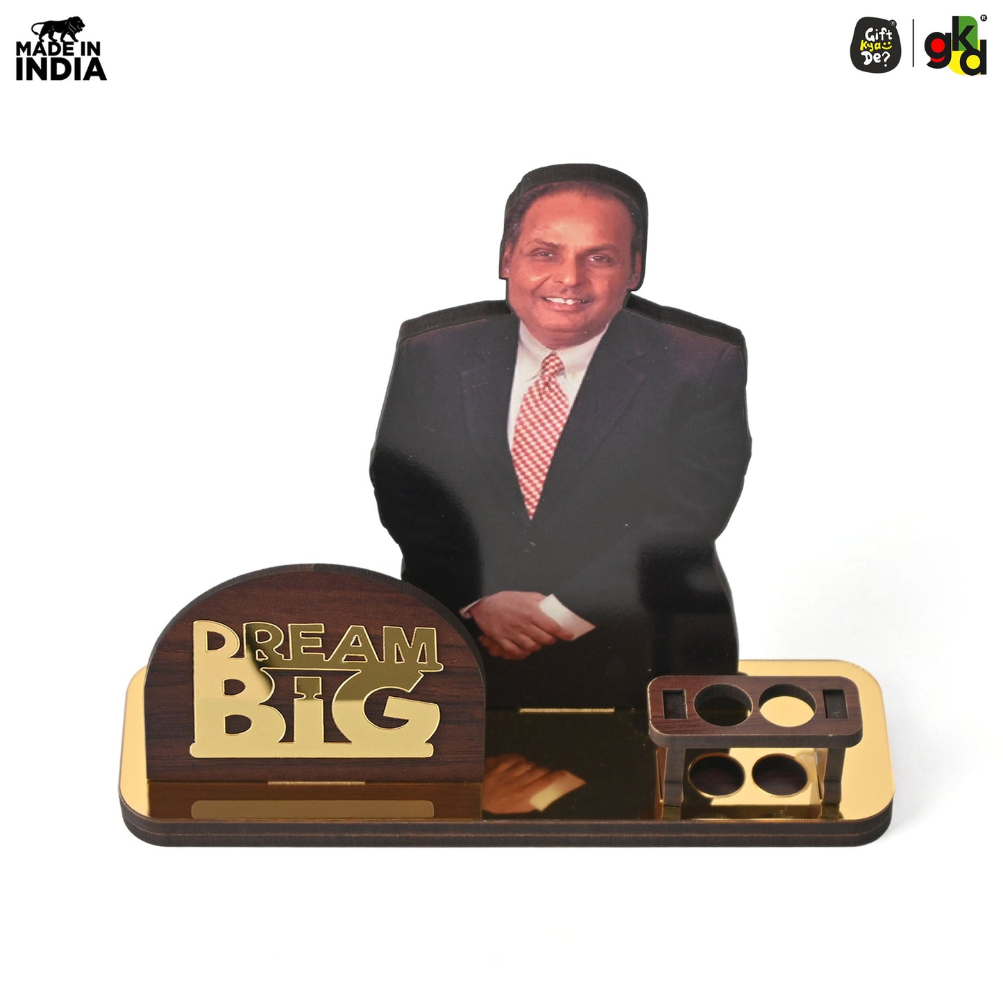 Wooden Ratan Tata and Dhirubhai Ambani Table Top with Pen Holder and Visiting Card Holder | Desk Organizer for Office and Home