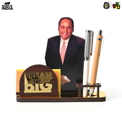 Wooden Ratan Tata and Dhirubhai Ambani Table Top with Pen Holder and Visiting Card Holder | Desk Organizer for Office and Home