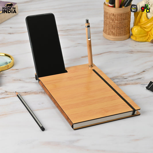 Wooden Smart Diary with Mobile Holder & Pen Stand | Includes Wooden Pen | Useful Gift For Office, Corporate & Personal Use
