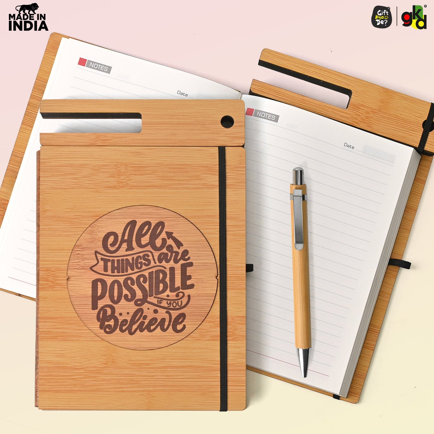 Wooden Diary with Mobile & Pen Stand | Customized Printed Photo/Logo or Motivational Quotes (Non-Customizable)