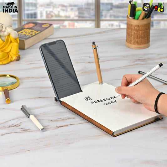 Wooden Smart Diary with White Board & Marker | A5 Notebook with Mobile & Pen Stand | Personal Use, Office & Corporate Gift