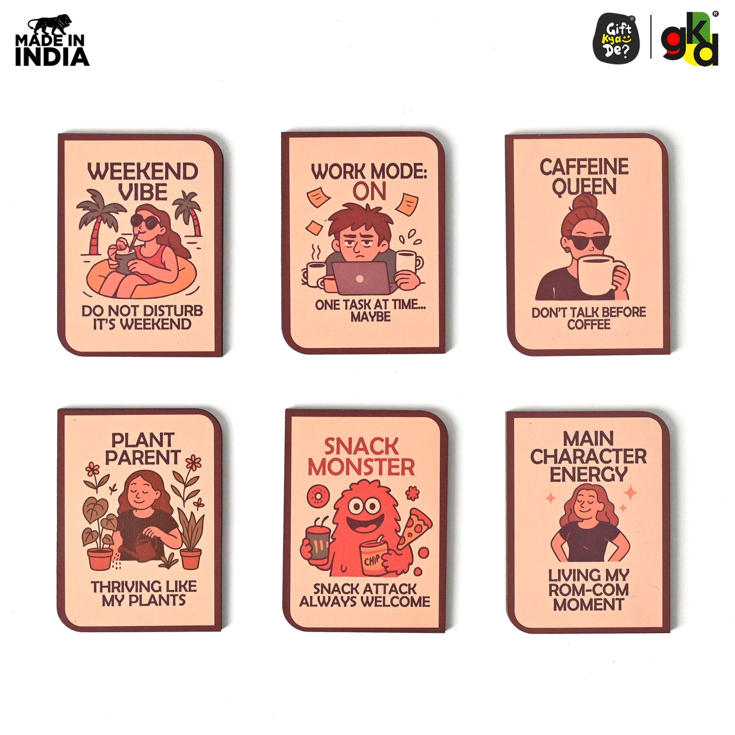 Wooden Fridge Magnet Set – Pack of 6 | Available in Bike Designs, Motivational Quotes, and Quirky Fun Characters | Aesthetic Fridge Décor