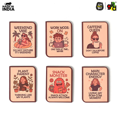 Wooden Fridge Magnet Set – Pack of 6 | Available in Bike Designs, Motivational Quotes, and Quirky Fun Characters | Aesthetic Fridge Décor