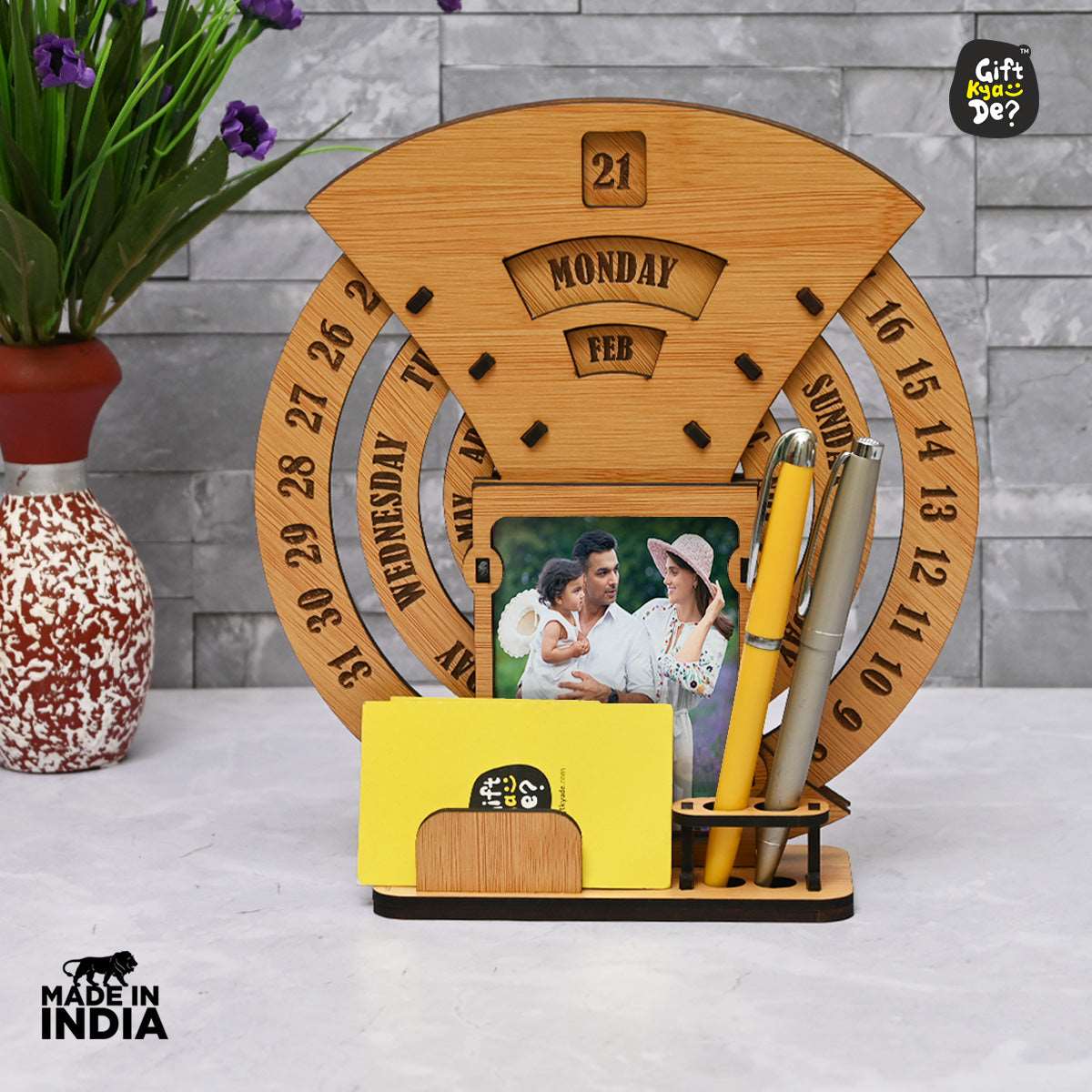 Infinite Circular Calendar With Pen, Card Holder | Clock And Photo Frame Options Available | Desk Accessories