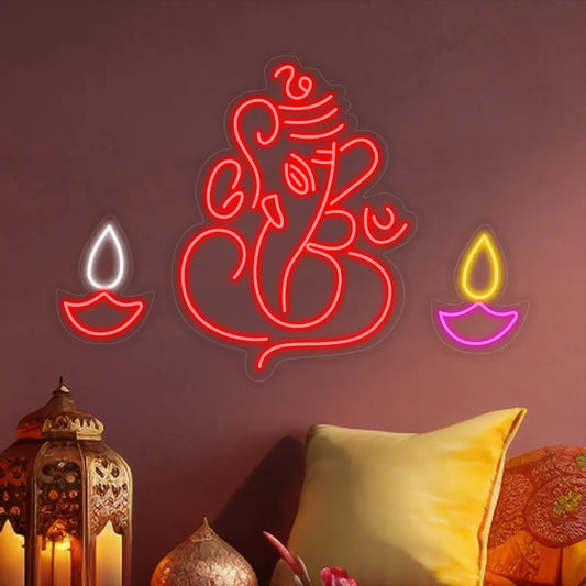 Lord Ganesha Neon Sign with Diya