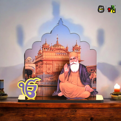 Guru Nanak Dev Ji & Guru Gobind Singh Ji Wooden Table Top Idols with Golden Temple Background | Spiritual Decor for Home & Office | Sikh Religious Gift