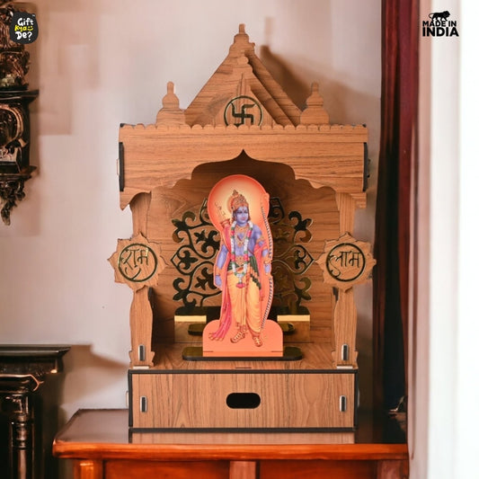 Wooden Temple For Home & Office | Premium 3D Golden Cutwork Design | Mandir With Storage Drawer (DIY)