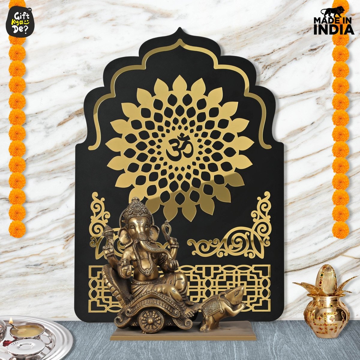 Pooja Room Backdrop for Decoration | Enhance Your House Decoration | Black Wood & Golden Acrylic OM Wall Decor Background (22x16 inch)