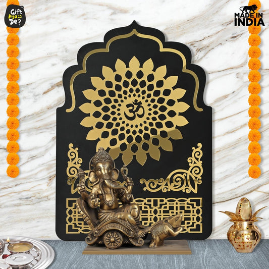 Pooja Room Backdrop for Decoration | Enhance Your House Decoration | Black Wood & Golden Acrylic OM Wall Decor Background (22x16 inch)