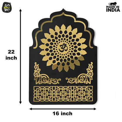 Pooja Room Backdrop for Decoration | Enhance Your House Decoration | Black Wood & Golden Acrylic OM Wall Decor Background (22x16 inch)