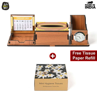 Desk Organizer With Clock and Calendar 2025 | Calendar With Tissue Box Holder | Free Tissue Paper Refill Pack (Ecofriendly)