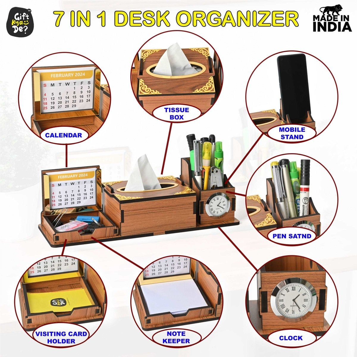 Desk Organizer With Clock and Calendar 2025 | Calendar With Tissue Box Holder | Free Tissue Paper Refill Pack (Ecofriendly)