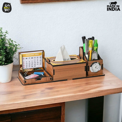 Desk Organizer With Clock and Calendar 2025 | Calendar With Tissue Box Holder | Free Tissue Paper Refill Pack (Ecofriendly)