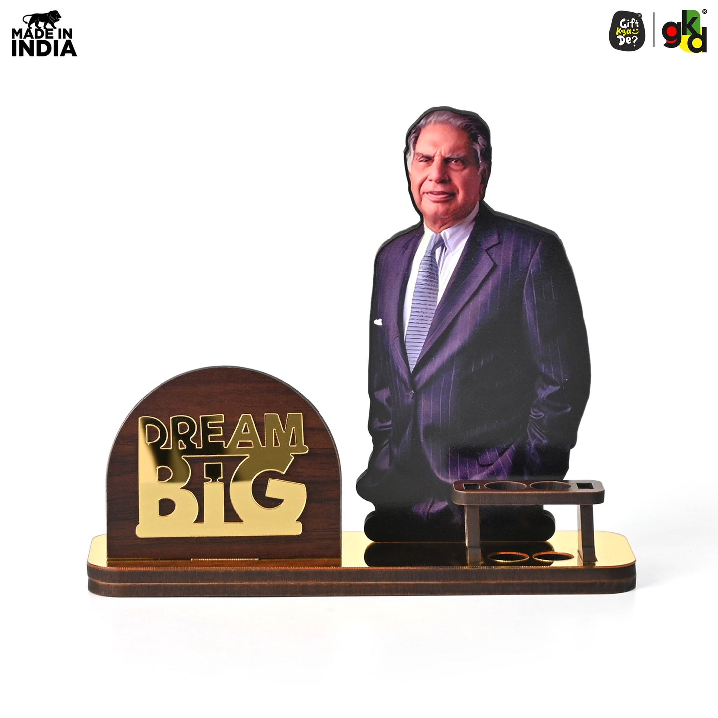 Wooden Ratan Tata and Dhirubhai Ambani Table Top with Pen Holder and Visiting Card Holder | Desk Organizer for Office and Home