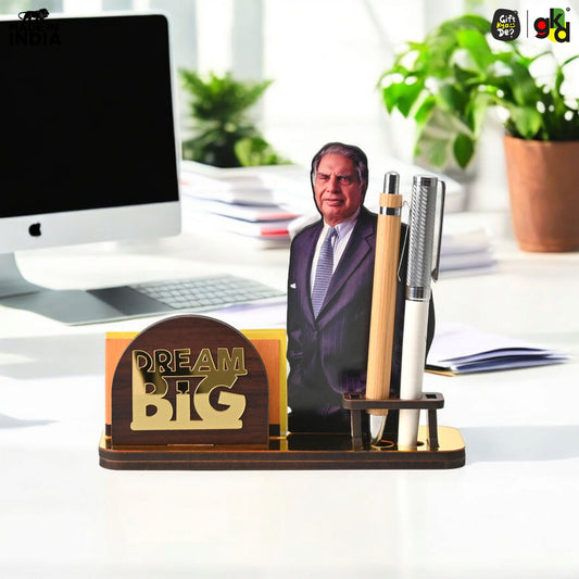 Wooden Ratan Tata and Dhirubhai Ambani Table Top with Pen Holder and Visiting Card Holder | Desk Organizer for Office and Home