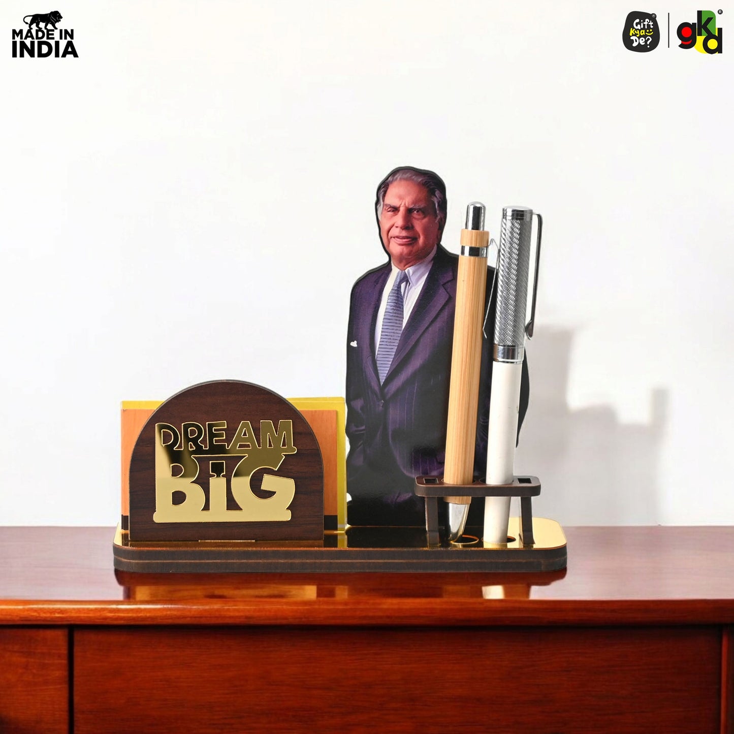 Wooden Ratan Tata and Dhirubhai Ambani Table Top with Pen Holder and Visiting Card Holder | Desk Organizer for Office and Home