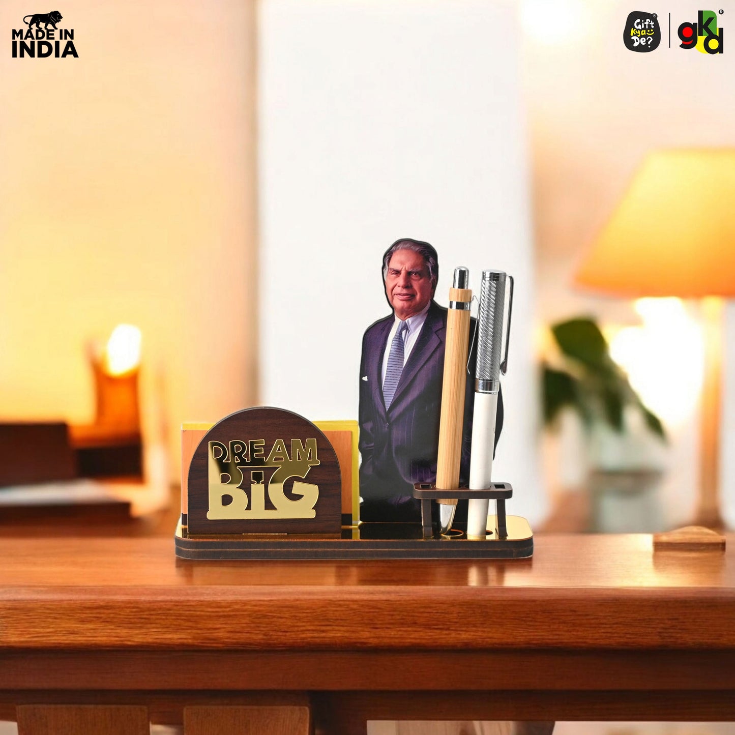Wooden Ratan Tata and Dhirubhai Ambani Table Top with Pen Holder and Visiting Card Holder | Desk Organizer for Office and Home
