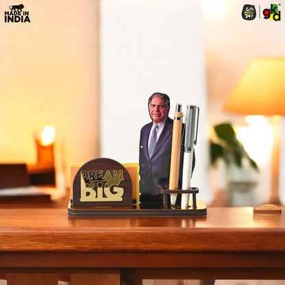 Wooden Ratan Tata and Dhirubhai Ambani Table Top with Pen Holder and Visiting Card Holder | Desk Organizer for Office and Home