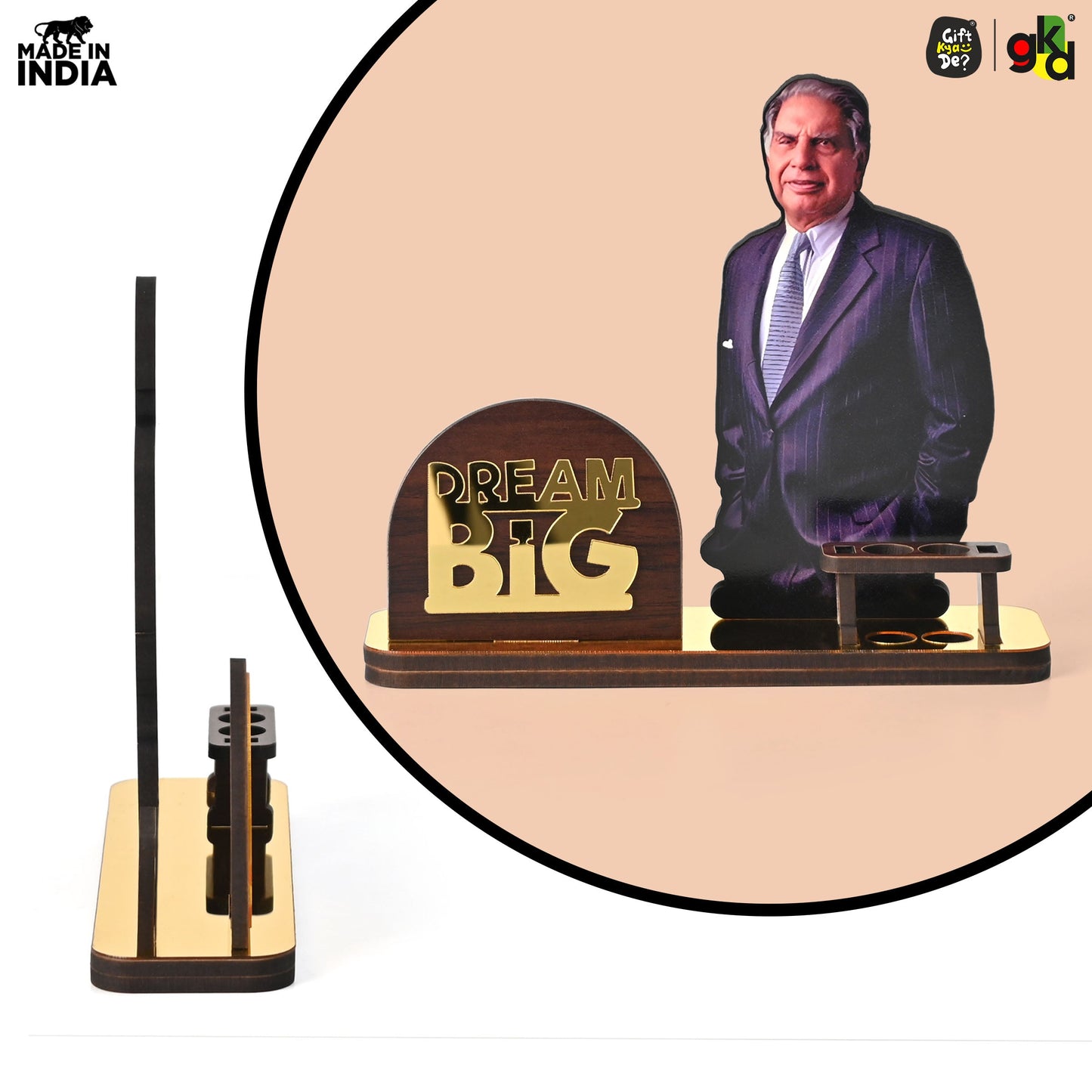 Wooden Ratan Tata and Dhirubhai Ambani Table Top with Pen Holder and Visiting Card Holder | Desk Organizer for Office and Home