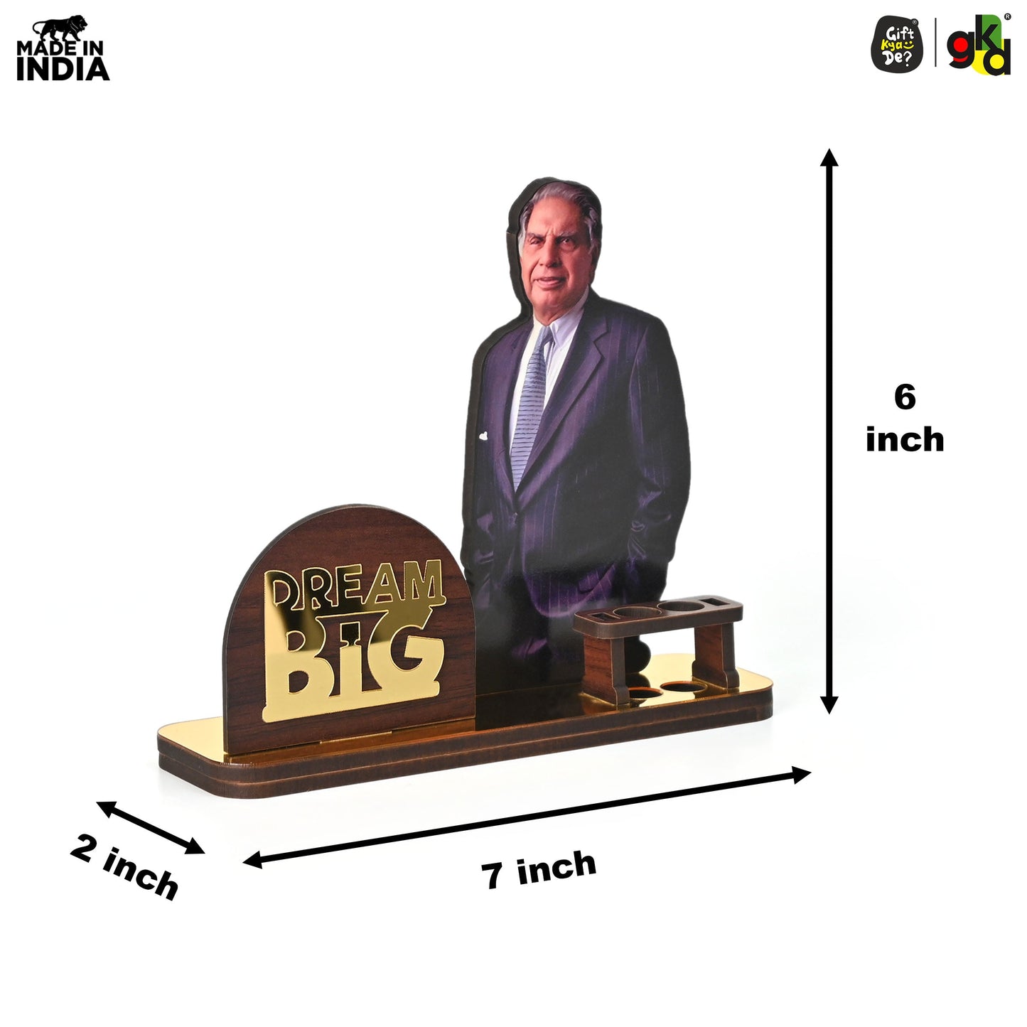 Wooden Ratan Tata and Dhirubhai Ambani Table Top with Pen Holder and Visiting Card Holder | Desk Organizer for Office and Home