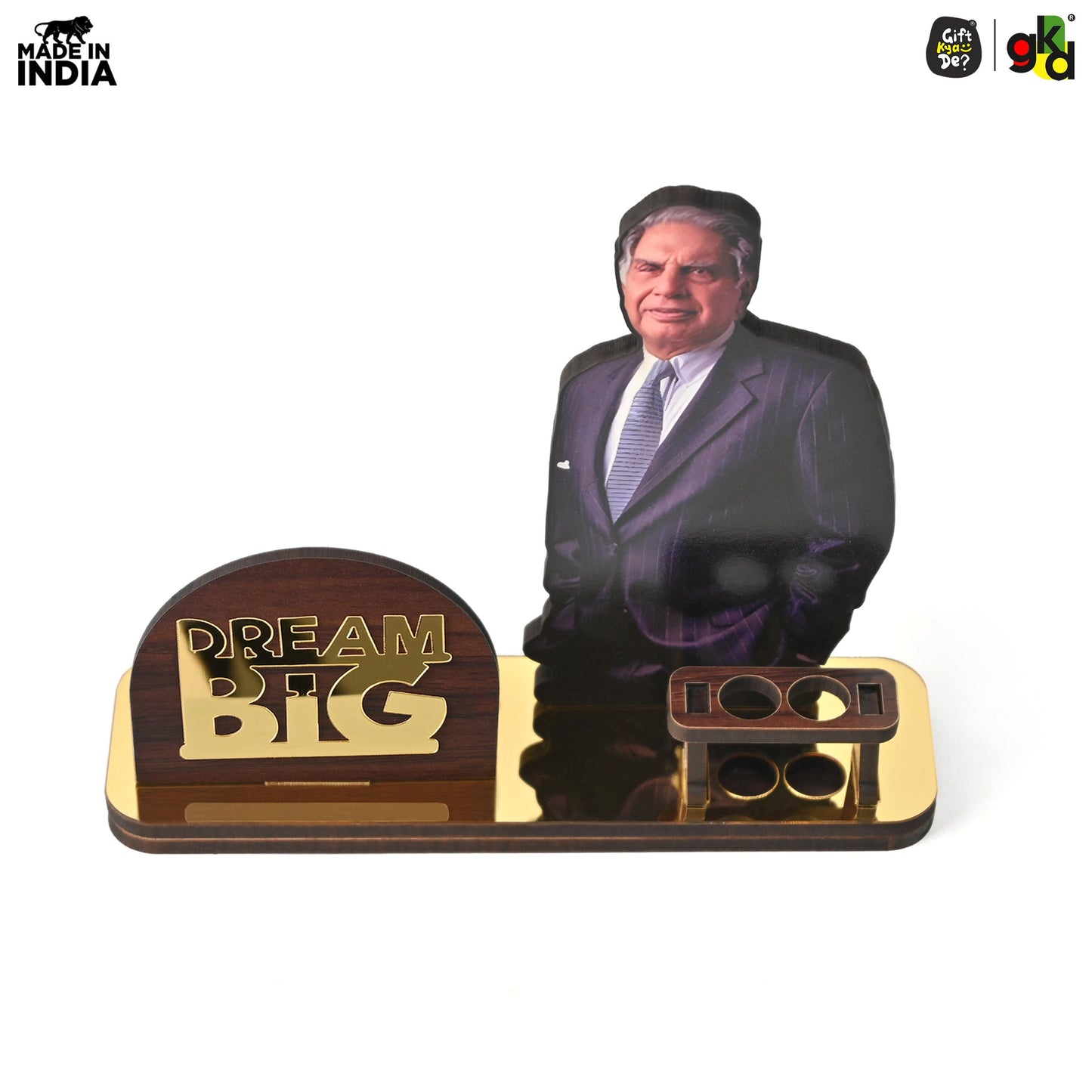 Wooden Ratan Tata and Dhirubhai Ambani Table Top with Pen Holder and Visiting Card Holder | Desk Organizer for Office and Home