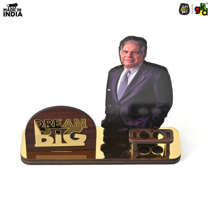 Wooden Ratan Tata and Dhirubhai Ambani Table Top with Pen Holder and Visiting Card Holder | Desk Organizer for Office and Home