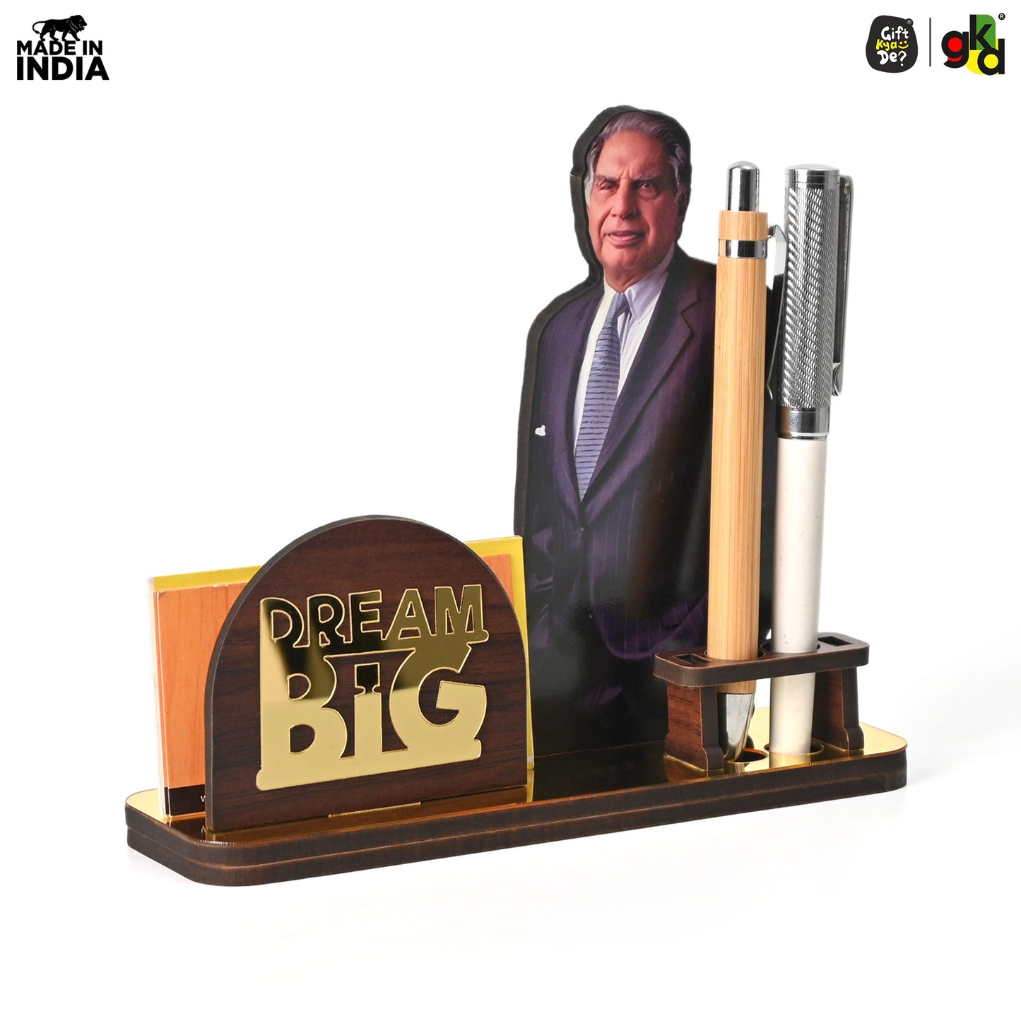 Wooden Ratan Tata and Dhirubhai Ambani Table Top with Pen Holder and Visiting Card Holder | Desk Organizer for Office and Home