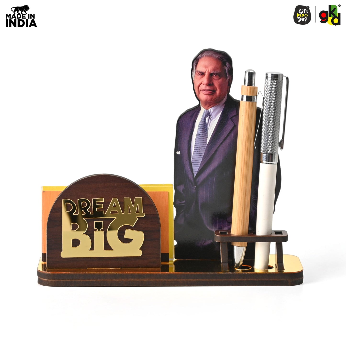 Wooden Ratan Tata and Dhirubhai Ambani Table Top with Pen Holder and Visiting Card Holder | Desk Organizer for Office and Home