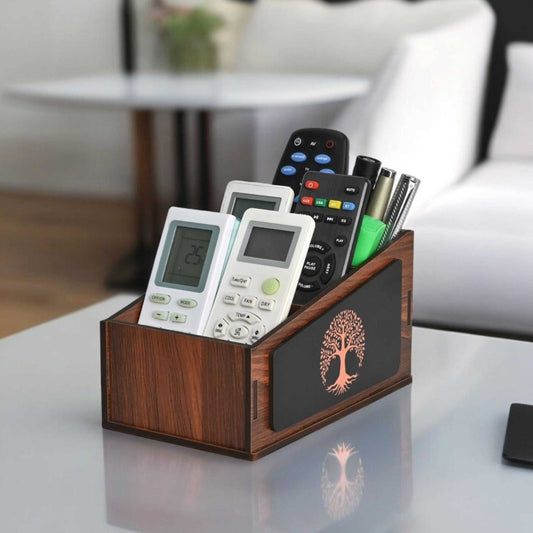 Remote Stand with 3 Sections | Wooden Remote Holder for TV and AC | Stationary Organizer