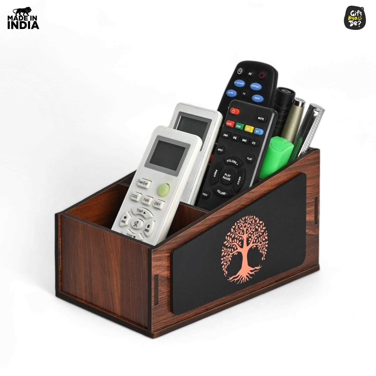 Remote Stand with 3 Sections | Wooden Remote Holder for TV and AC | Stationary Organizer