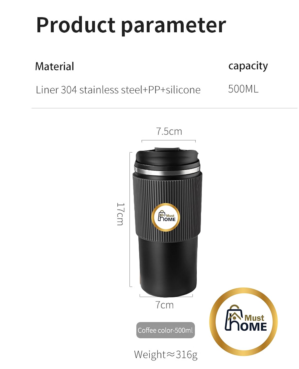 Musthome coffee mug flask insulated leak proof with lid travel Tumbler thermos sipper steel mugs  - Hot and Cold for 6 Hours,500 ML|‎9W x 8H CM