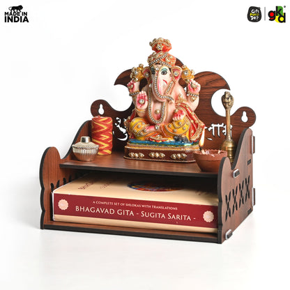 Wooden Shubh Labh Mandir With Utility Shelf | Small Pooja Temple for Table, Wall, or Shelf | DIY | 8x8x8.5 Inch