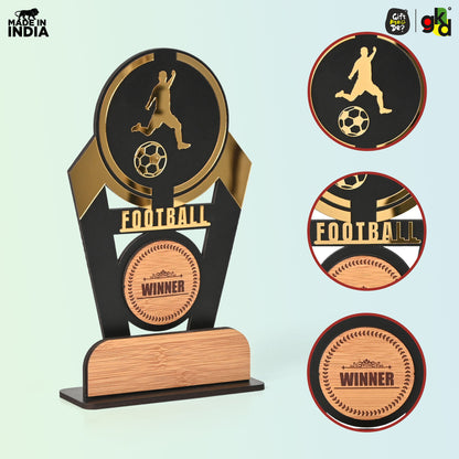 Wooden Sports Winner Trophy - Cricket, Football, Table Tennis, Yoga, Basketball | 9.5 x 6 Inches | School, College & Corporate Events