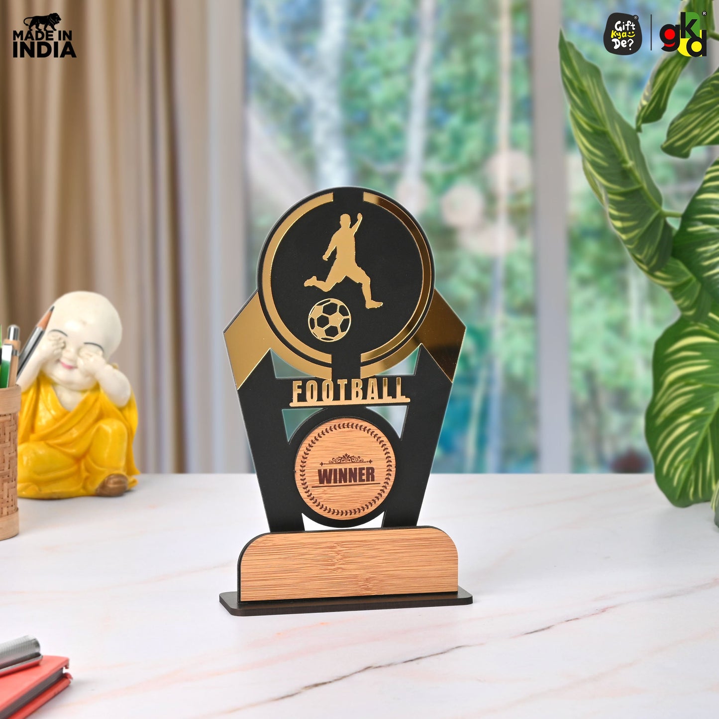 Wooden Sports Winner Trophy - Cricket, Football, Table Tennis, Yoga, Basketball | 9.5 x 6 Inches | School, College & Corporate Events