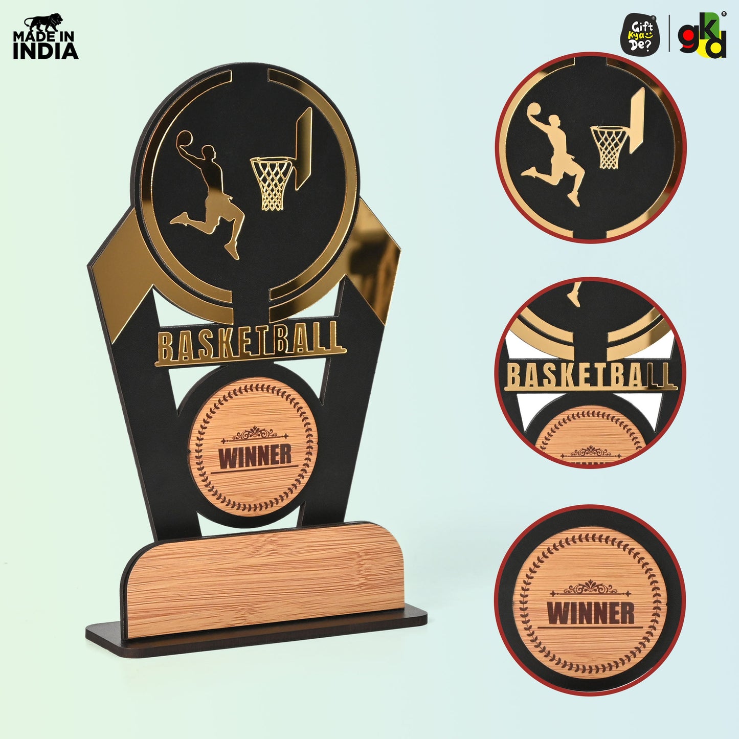 Wooden Sports Winner Trophy - Cricket, Football, Table Tennis, Yoga, Basketball | 9.5 x 6 Inches | School, College & Corporate Events