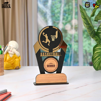 Wooden Sports Winner Trophy - Cricket, Football, Table Tennis, Yoga, Basketball | 9.5 x 6 Inches | School, College & Corporate Events