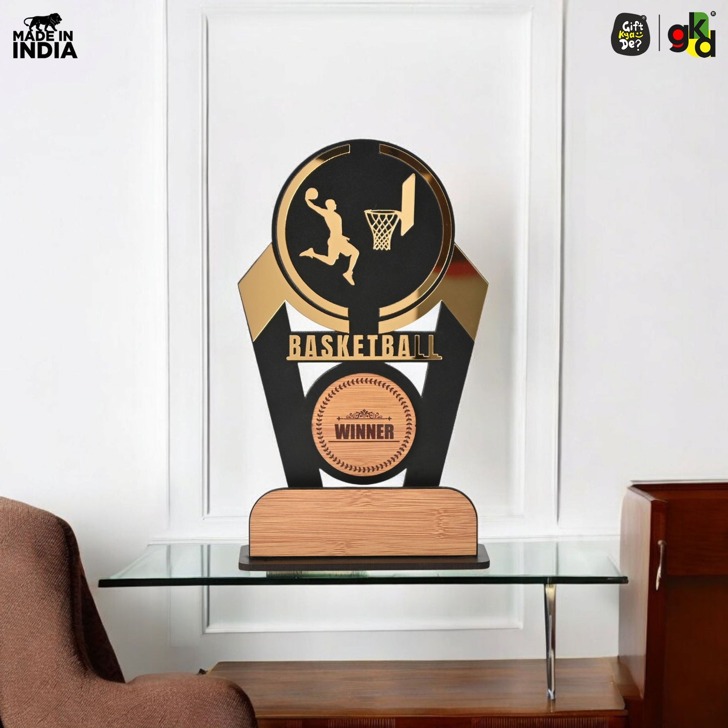 Wooden Sports Winner Trophy - Cricket, Football, Table Tennis, Yoga, Basketball | 9.5 x 6 Inches | School, College & Corporate Events