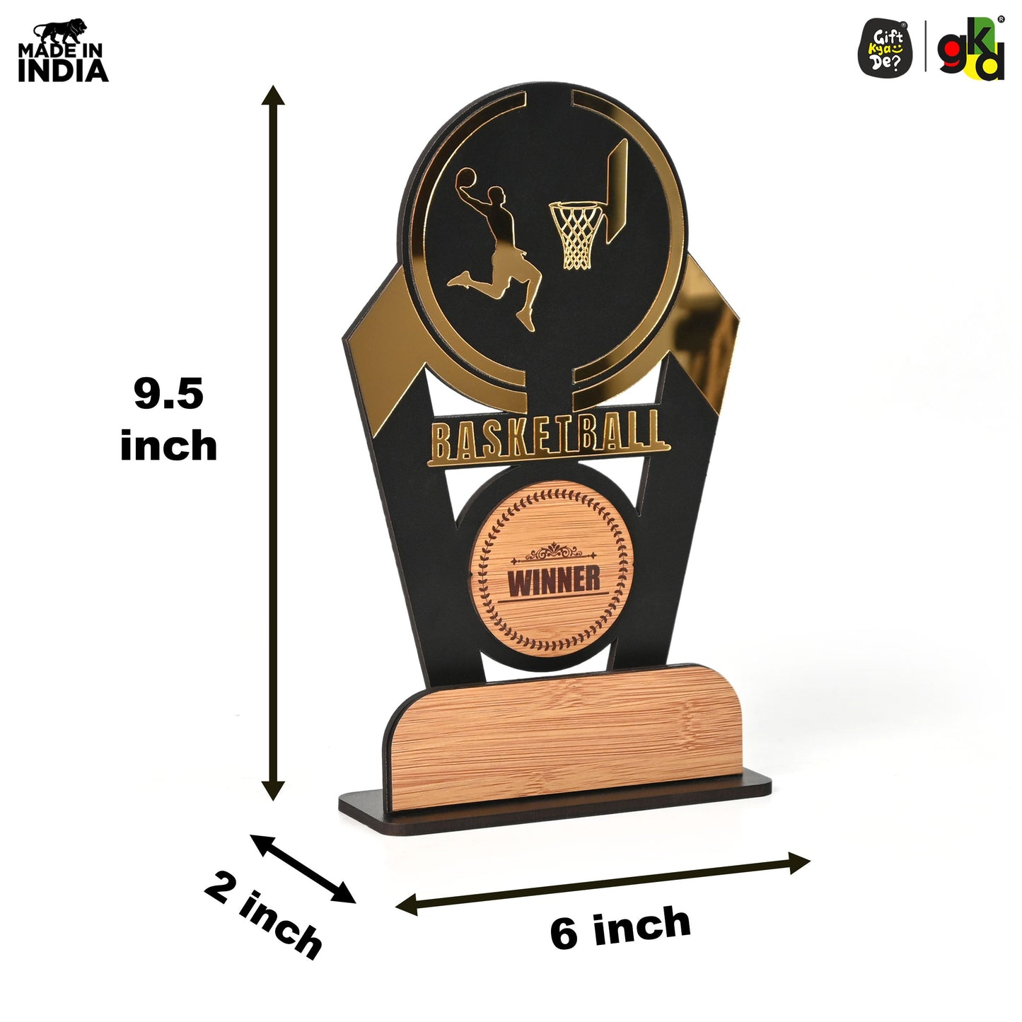 Wooden Sports Winner Trophy - Cricket, Football, Table Tennis, Yoga, Basketball | 9.5 x 6 Inches | School, College & Corporate Events