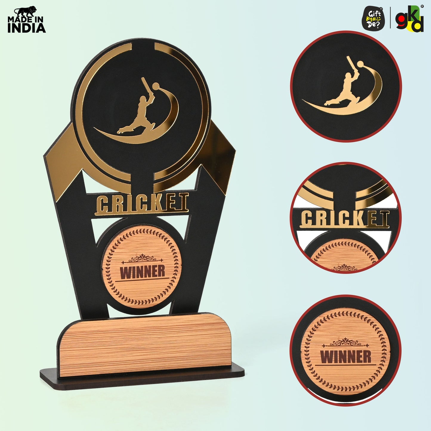 Wooden Sports Winner Trophy - Cricket, Football, Table Tennis, Yoga, Basketball | 9.5 x 6 Inches | School, College & Corporate Events