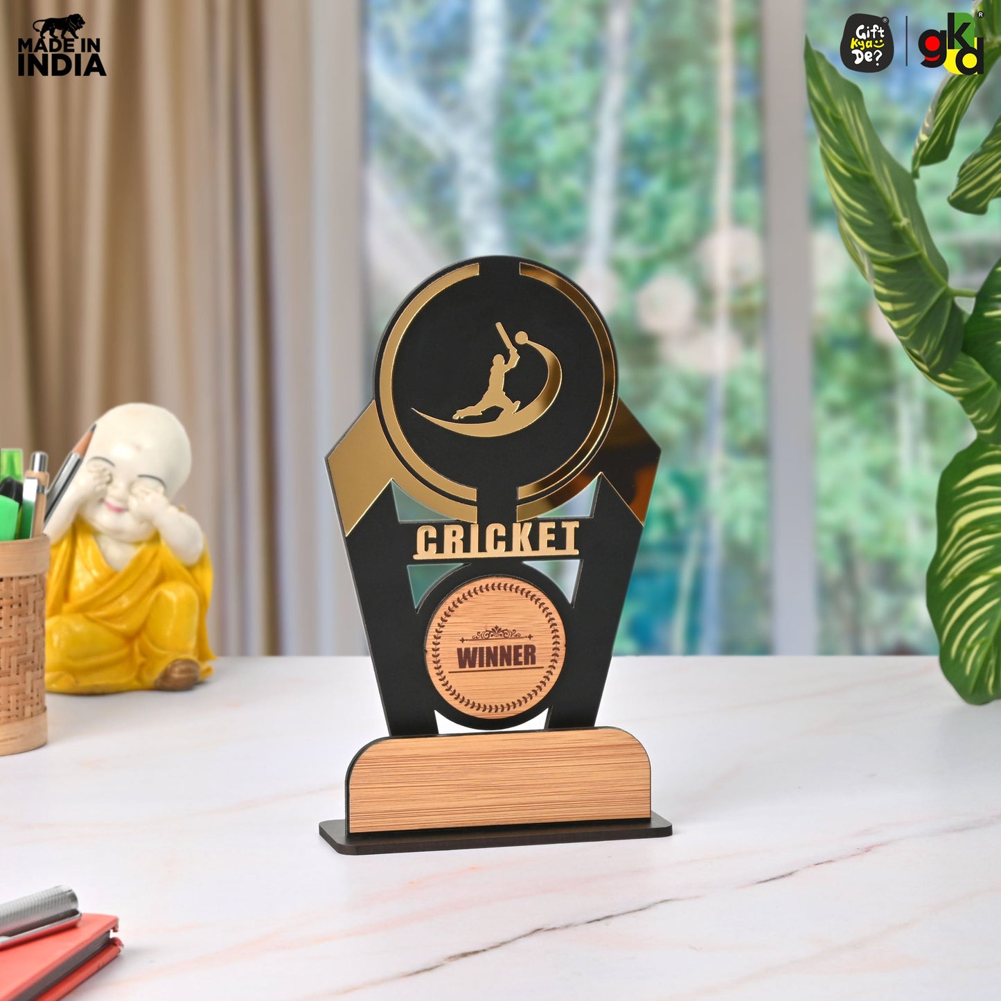Wooden Sports Winner Trophy - Cricket, Football, Table Tennis, Yoga, Basketball | 9.5 x 6 Inches | School, College & Corporate Events