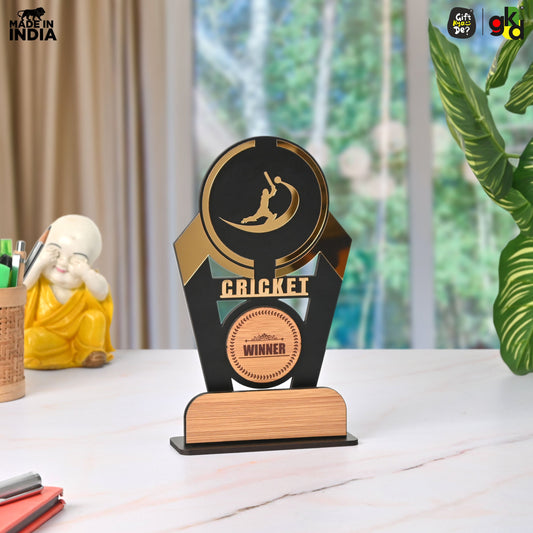 Wooden Sports Winner Trophy - Cricket, Football, Table Tennis, Yoga, Basketball | 9.5 x 6 Inches | School, College & Corporate Events