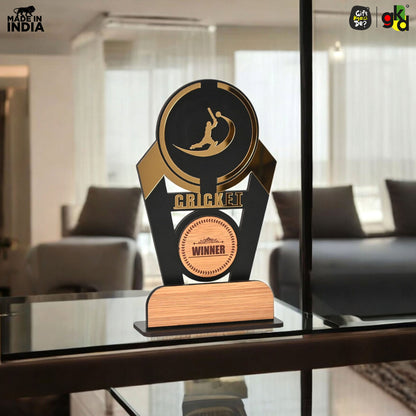 Wooden Sports Winner Trophy - Cricket, Football, Table Tennis, Yoga, Basketball | 9.5 x 6 Inches | School, College & Corporate Events