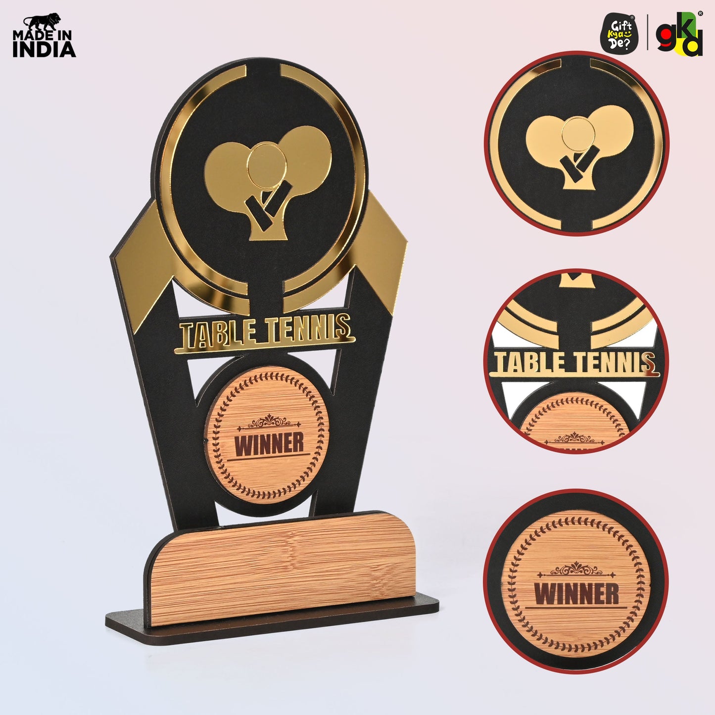 Wooden Sports Winner Trophy - Cricket, Football, Table Tennis, Yoga, Basketball | 9.5 x 6 Inches | School, College & Corporate Events